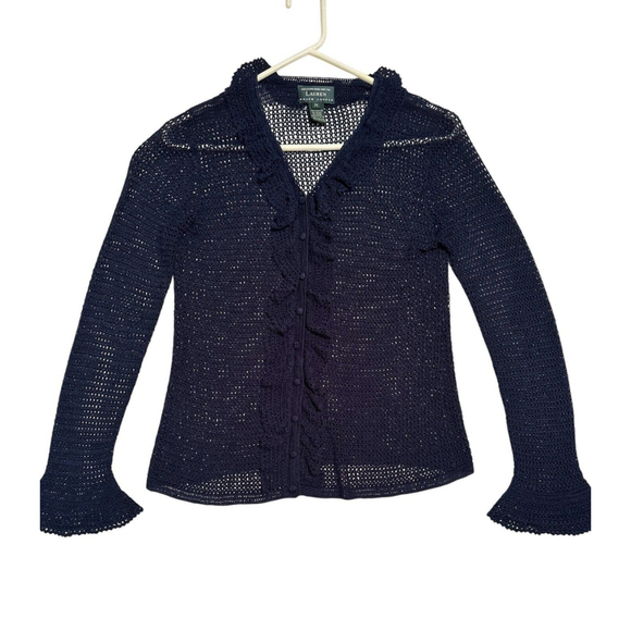 Lauren Ralph Lauren Hand Knit Cardigan Sweater Women M Blue Ruffle Long Sleeves - Picture 6 of 15
